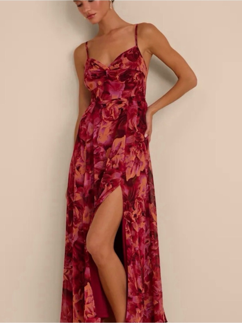 Lulu's Burgundy and Pink Floral Satin Maxi Dress